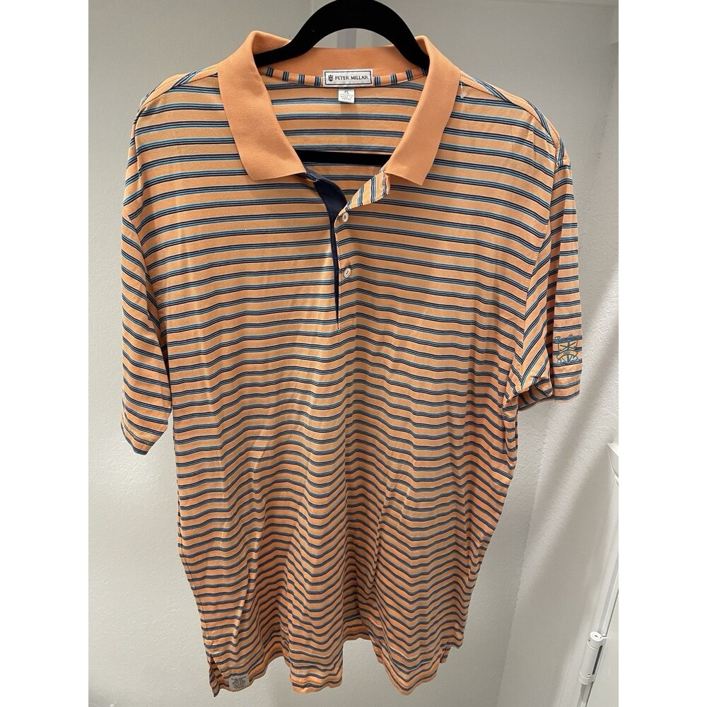 Vintage Peter Millar Golf Polo Famous Brae Burn GC Logo Peach Blue Stripe XL